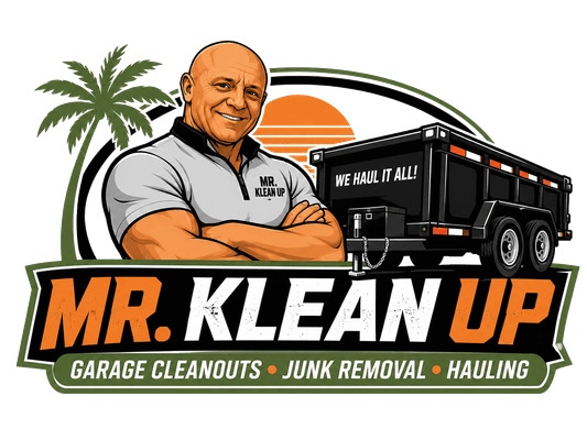 Mr. Klean Up logo — a badge with the owner beside a dump trailer reading "We haul it all!"